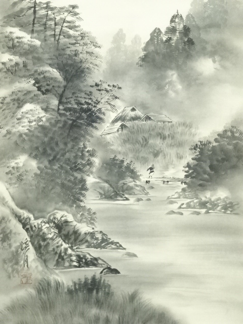 【2/25まで】美品 1422 楽止人 「瑞松」 共箱 肉筆 絹本 日本画 掛軸 楽天市場】【中古】【書画】山口芳月筆 川蝉 肉筆絹本掛軸（共箱